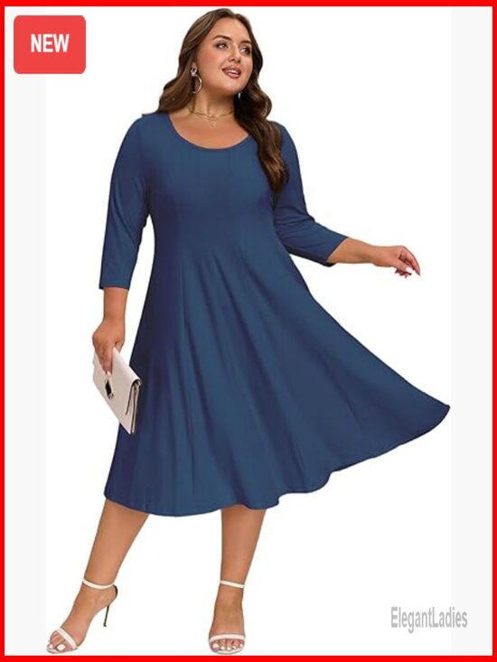 Dresses & Skirts - Plus Size Midi Dress 3/4 Sleeve A-Line Casual with Pockets